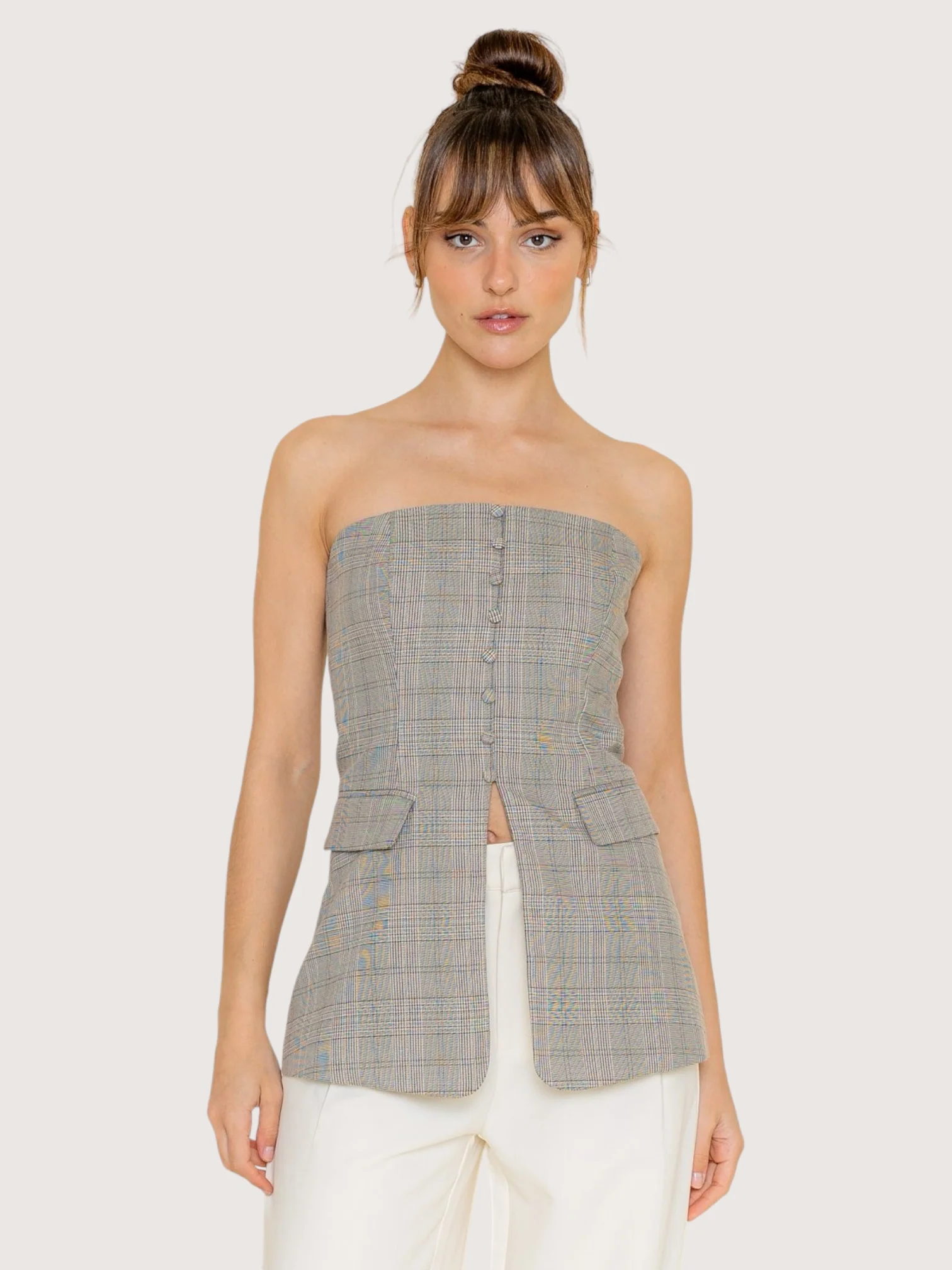 Elegant Plaid Strapless Top
