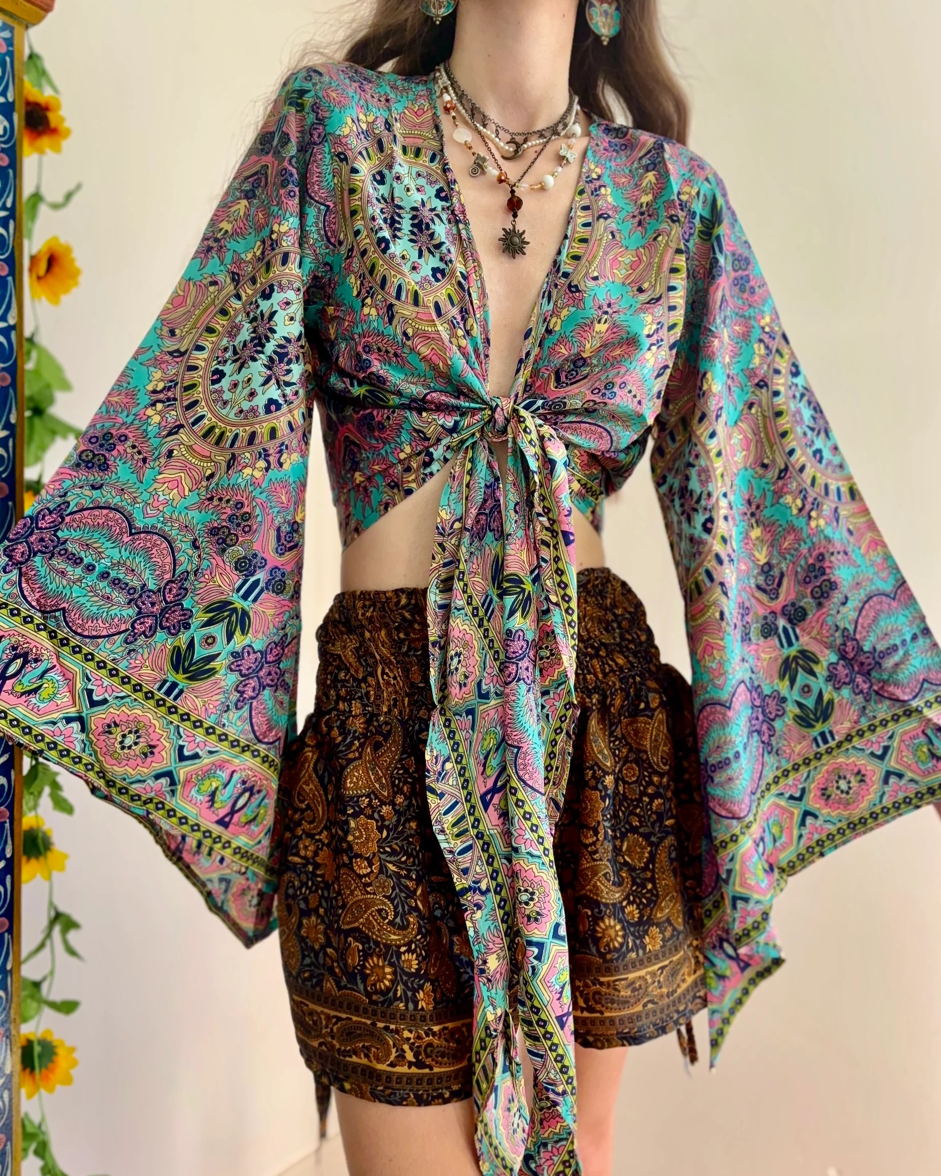 Vibrant Bohemian Tie-Front Top And Ethnic Shorts Set - Image 6