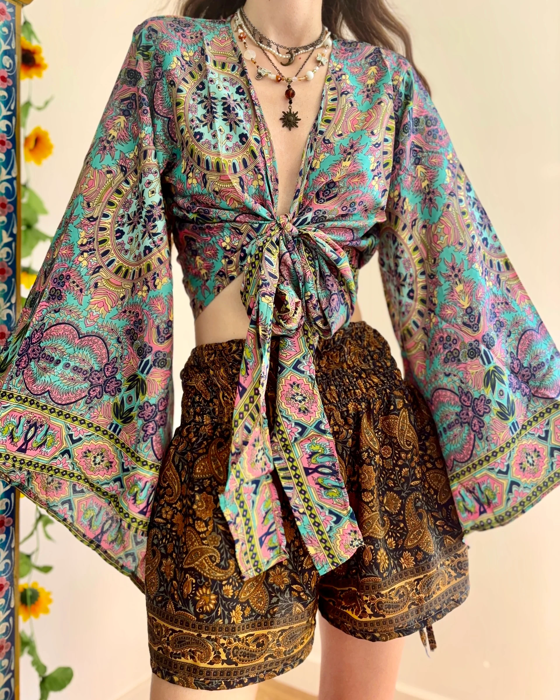 Vibrant Bohemian Tie-Front Top And Ethnic Shorts Set - Image 5