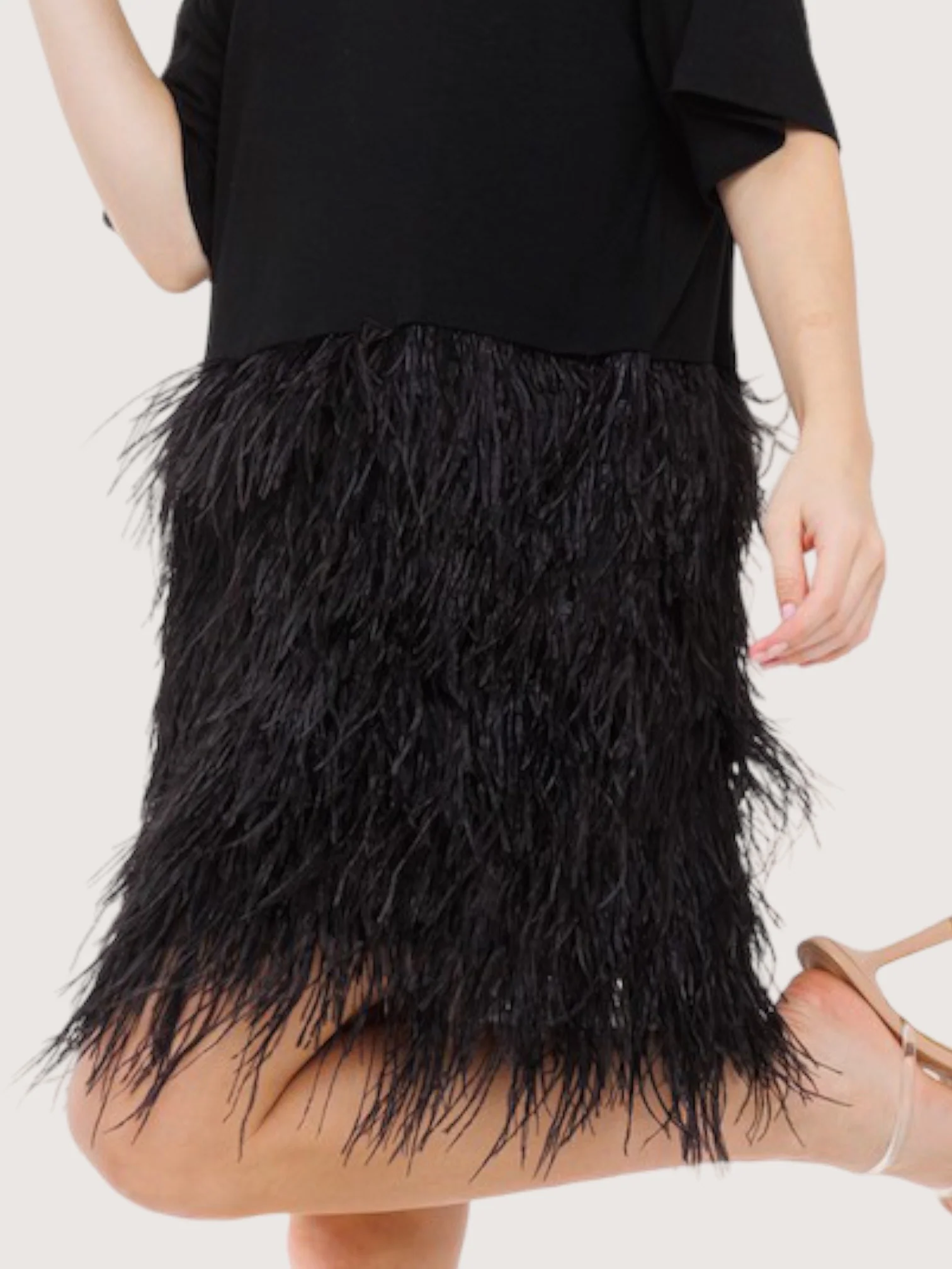 Feathered Hem Black T-Shirt Dress - Image 2