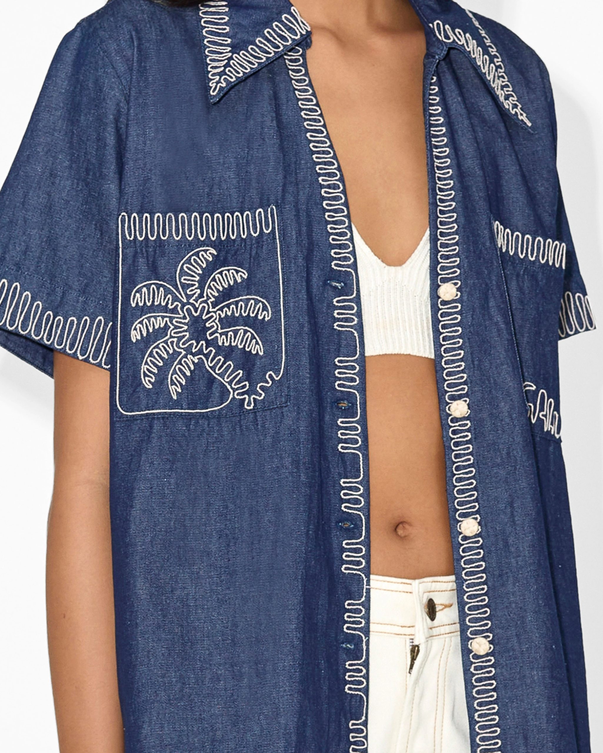 Embroidered Denim Short-Sleeve Shirt - Image 3