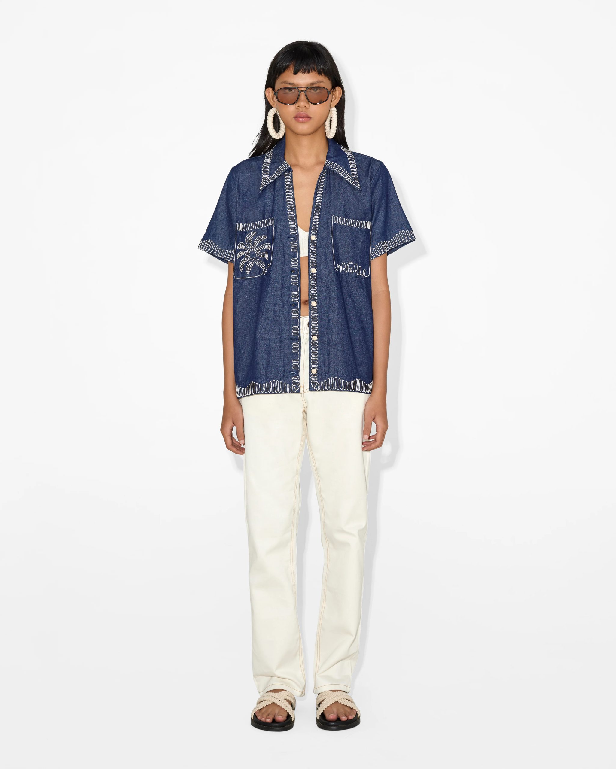 Embroidered Denim Short-Sleeve Shirt