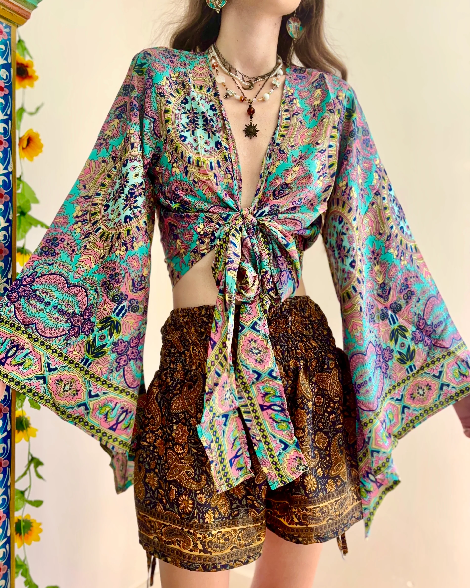 Vibrant Bohemian Tie-Front Top And Ethnic Shorts Set