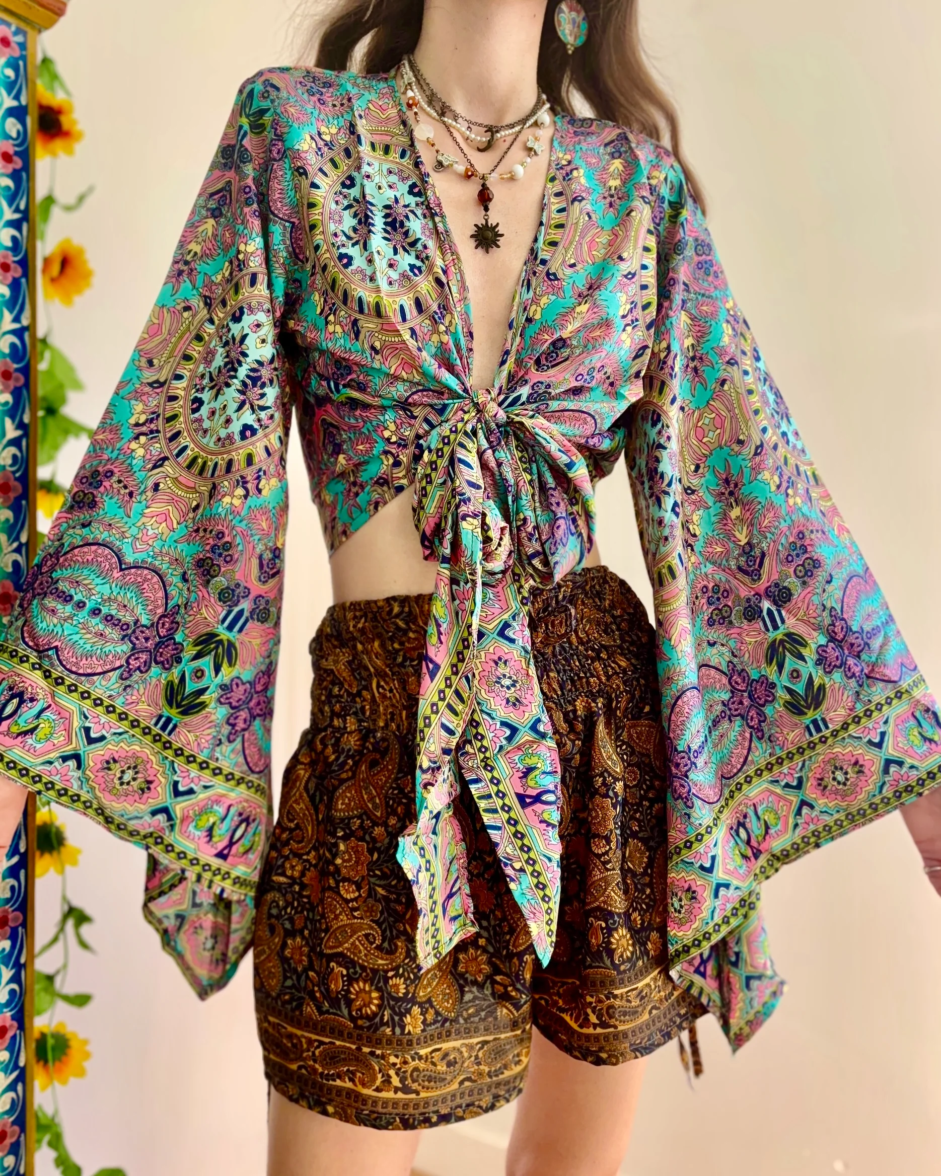 Vibrant Bohemian Tie-Front Top And Ethnic Shorts Set - Image 3