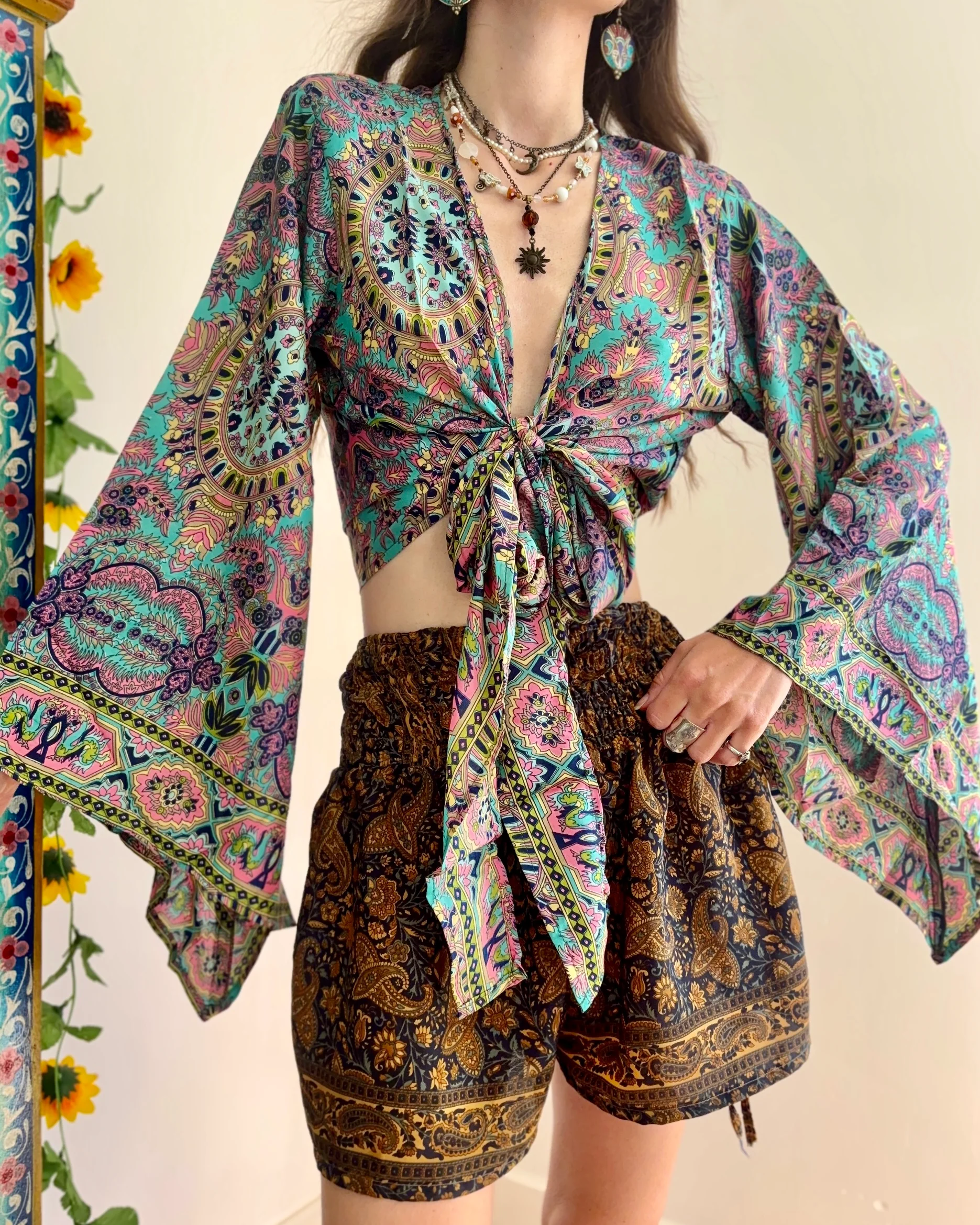 Vibrant Bohemian Tie-Front Top And Ethnic Shorts Set - Image 4