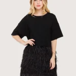 Feathered Hem Black T-Shirt Dress