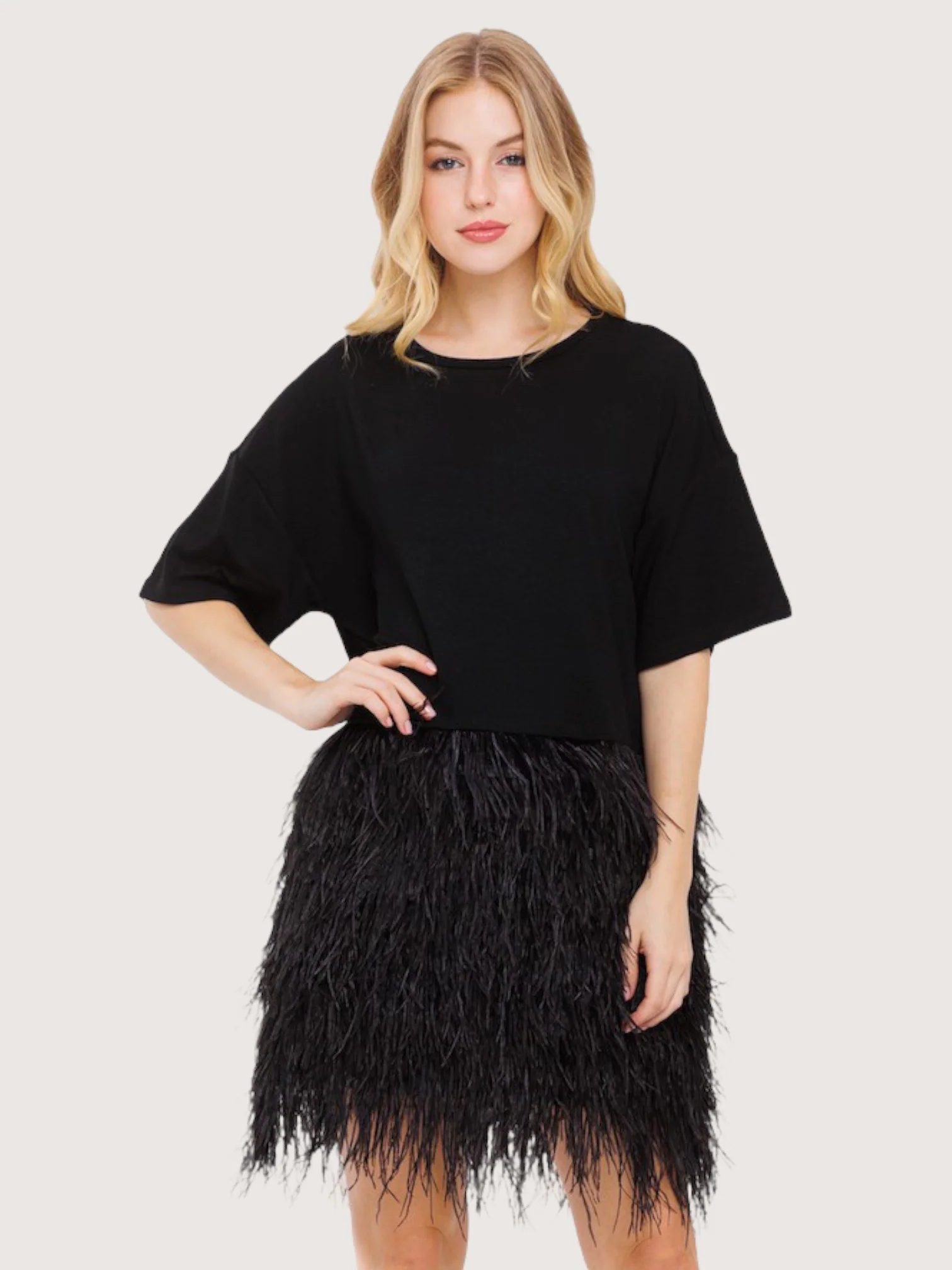 Feathered Hem Black T-Shirt Dress